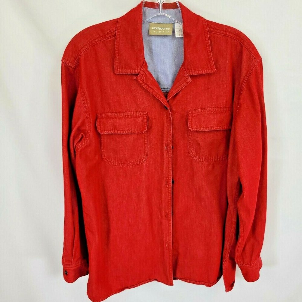 Lizwear Small Button Down Shirt Shacket Red 100% Cotton Liz Claiborne Pockets